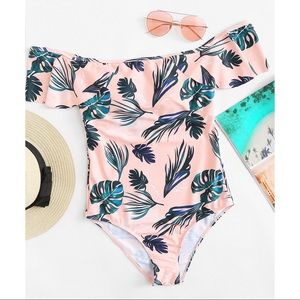 Palm Print off the shoulder swimsuit